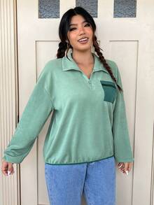 SHEIN EZwear Hơn Tương phản Túi có nắp Thả vai Một nửa khóa kéo Áo nỉ - Màu xanh Bạc hà - Xem 6
