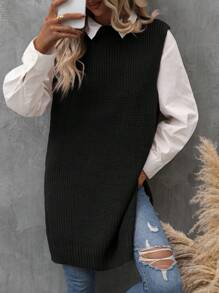 EMERY ROSE 1pc Split Hem Sweater Vest - Black - View 6