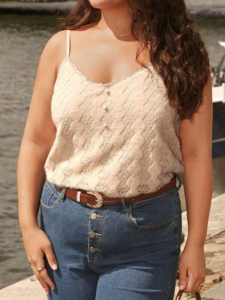 Plus Button Front Lace Cami Top