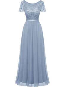 Navy Sequined Beaded Gown - Dusty Blue - View 3