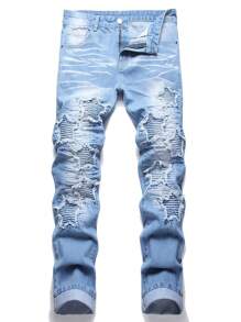 男士破洞拉链口袋牛仔裤 - 淺色水洗藍 - 查看 1