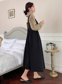 DAZY Solid Overall Dress Without Blouse - Black - View 5