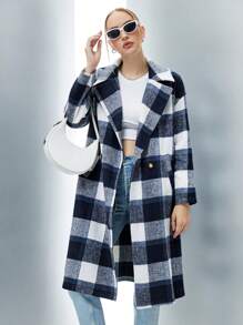 SHEIN Qutie 格紋印花雙排釦花呢外套 - 藏蓝色 - 查看 3