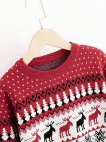 SHEIN Tween Boy Christmas Elk & Geo Pattern Sweater - Red - View 5