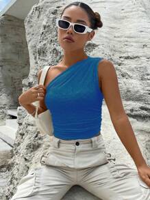 SHEIN Privé One Shoulder Ruched Crop Top - Blue - View 3