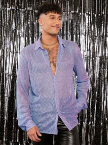 FeverCity Men Solid Glitter Button Front Shirt - Purple - View 3