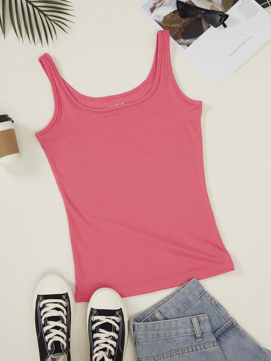 SHEIN Qutie Áo khoác và áo lót dành cho xe tăng nữ Gân đan màu trơn Giải trí - Màu Hồng Dưa hấu - Xem 1