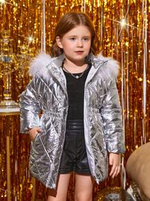 SHEIN 年轻女孩毛绒装饰连帽棉服外套 - 銀色 - 查看 6