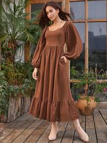 Bohemela Sweetheart Neck Lace Hem Dress - Brown - View 6