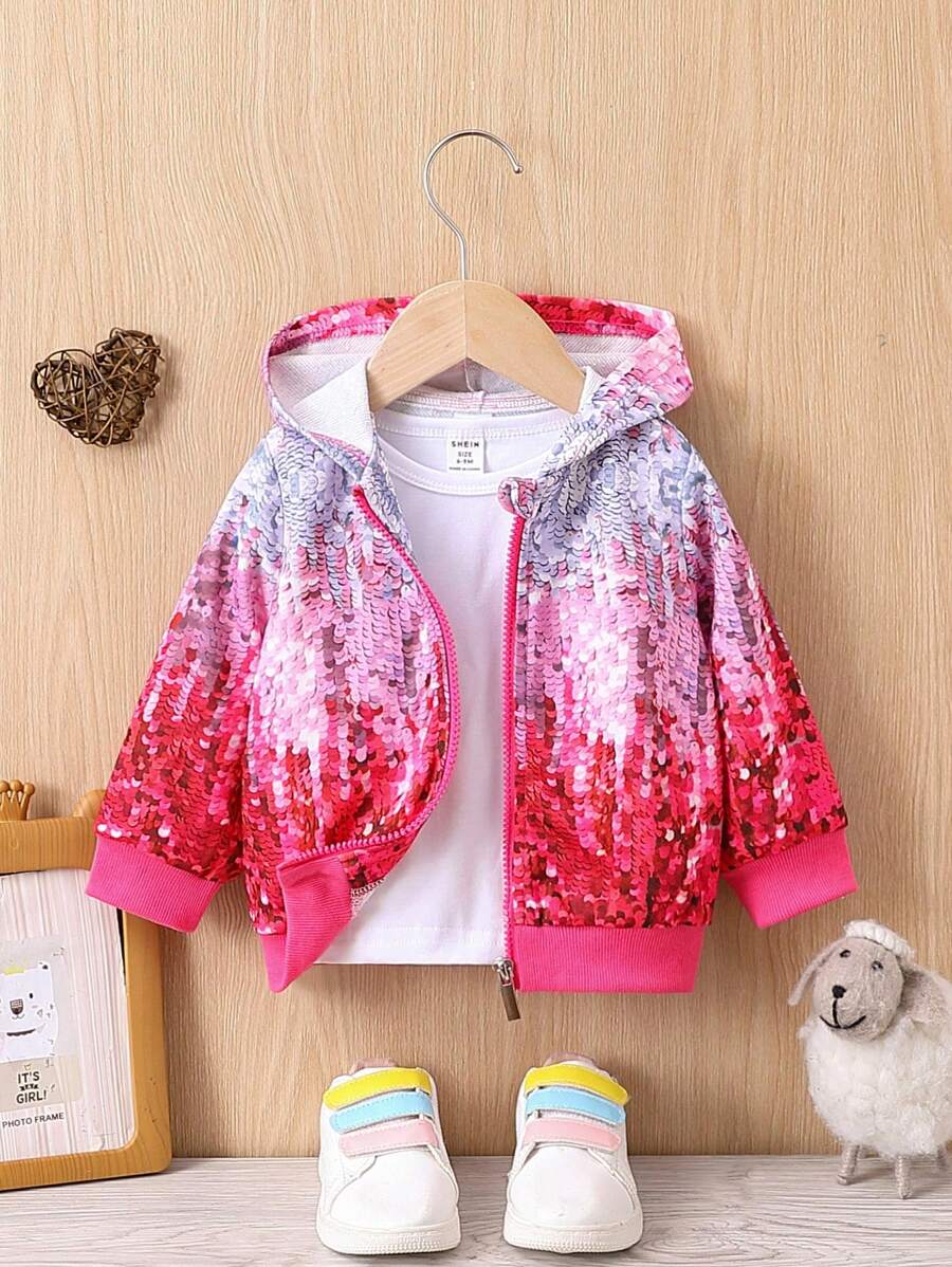 Baby Girl Sequin Print Zip Up Hooded Jacket Without Tee - Multicolor - View 1