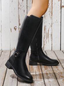 Women's Fall Winter Fashion Side Zipper Pu Leather Motorcycle Boots,Party - Black - View 4