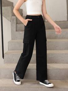 Tween Girl Flap Pocket Side Cargo Jeans - Black - View 5