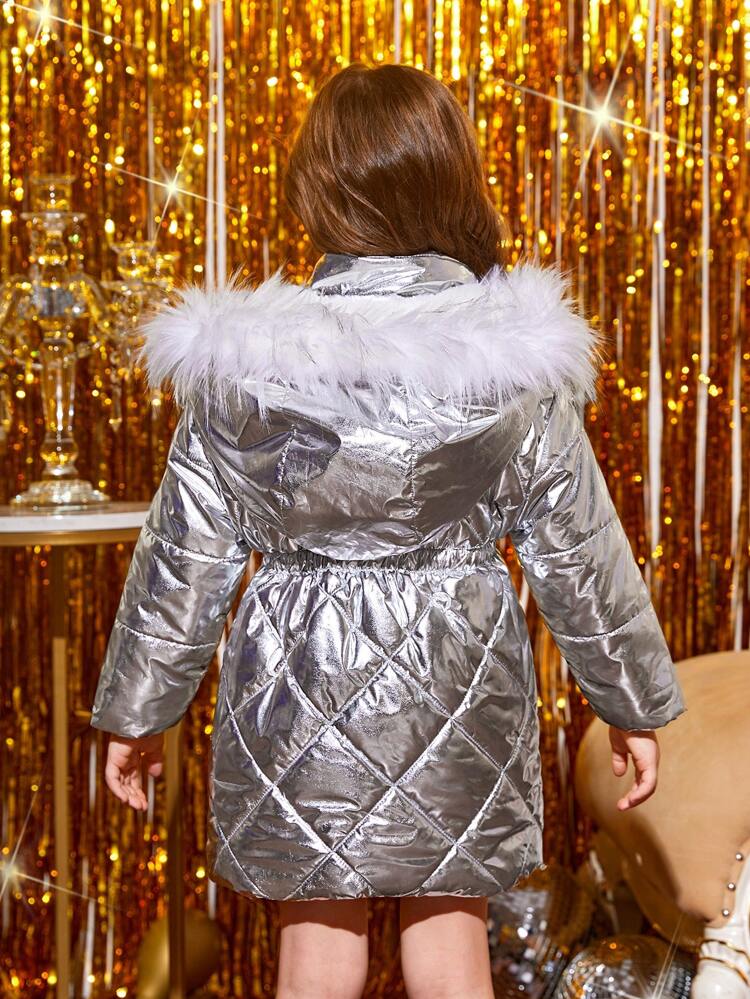 Young Girl Fuzzy Trim Hooded Padded Coat