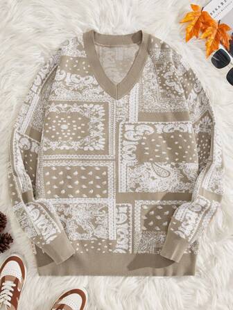 GENTILAND Uomo Maglione con stampa paisley motivo fazzoletto con scollo a V