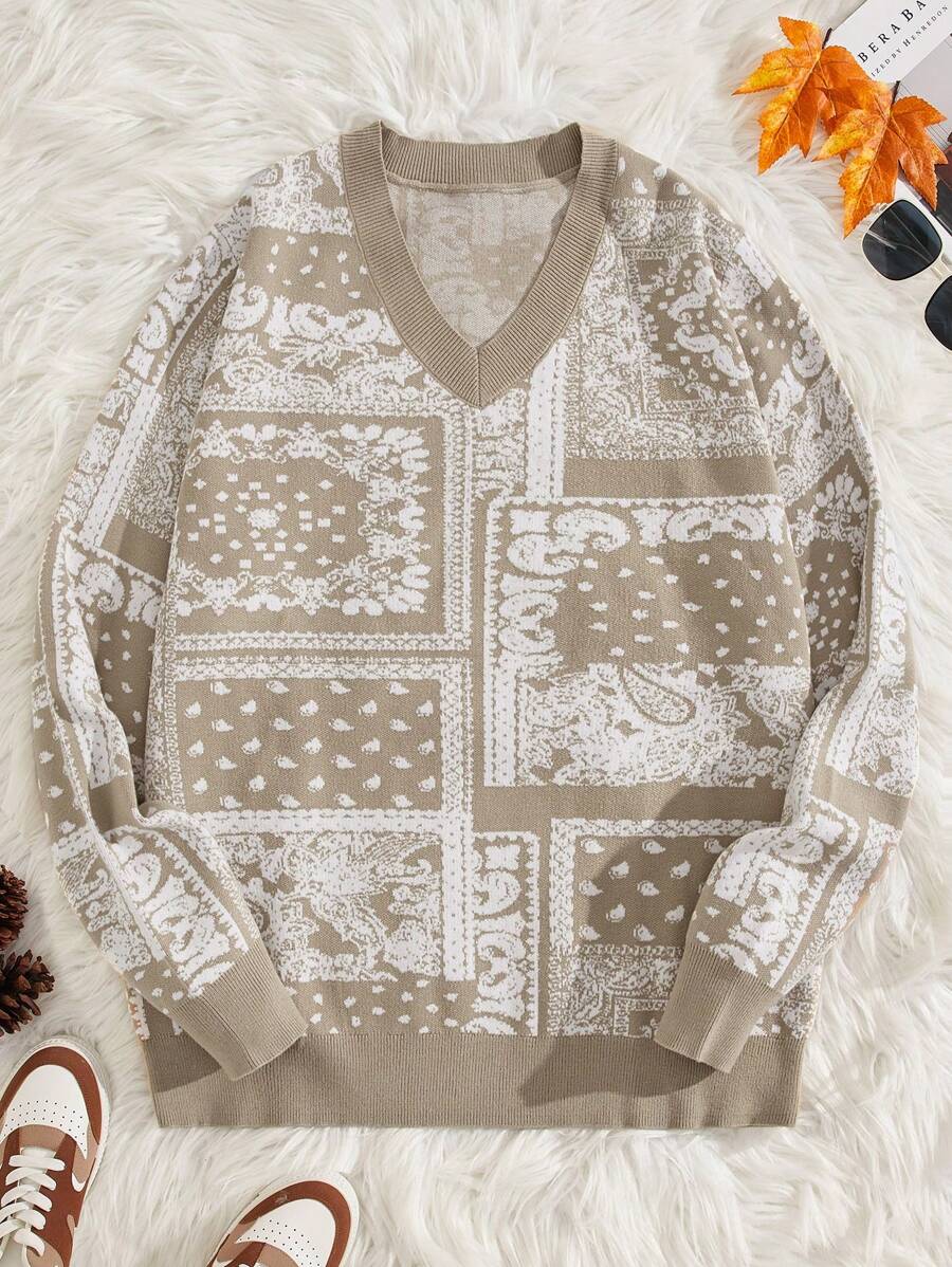 Manfinity NXTstreet Men Paisley Scarf Pattern V Neck Sweater - Multicolor - View 1