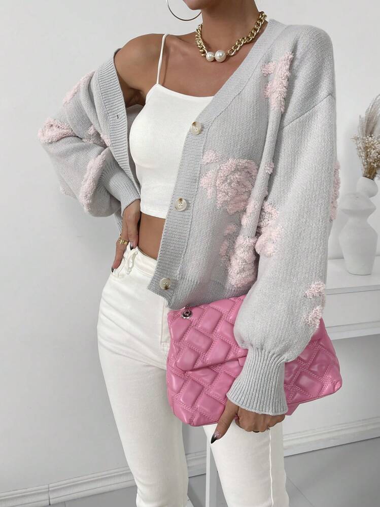 Chiquease Cárdigan con patrón floral de hombros caídos - Gris - Ver 1