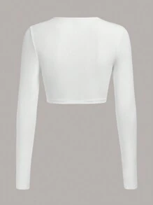 SHEIN BASICS Women's Solid Color Round Neck Long Sleeve Slim Casual T-Shirt