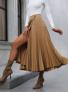 SHEIN Clasi Button Detail Pleated Skirt - Khaki - View 6