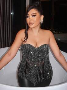 SHEIN SXY 流蘇邊抹胸上衣 - 黑色 - 查看 4