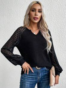 SHEIN LUNE 撞色蕾絲插肩袖T恤 - 黑色 - 查看 3