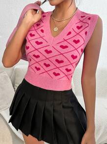SHEIN Qutie 1 Miếng Hình trái tim Cổ v Áo len vest - Hồng - Xem 6