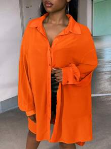 Slaydiva Plus Solid Drop Shoulder Button Front Shirt - Orange - View 3