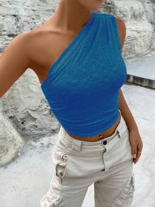 SHEIN Privé One Shoulder Ruched Crop Top - Blue - View 5