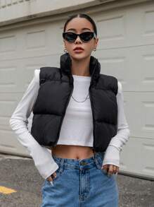 DAZY 拉链短款背心加厚棉衣，冬季女士棉衣外套 - 黑色 - 查看 9