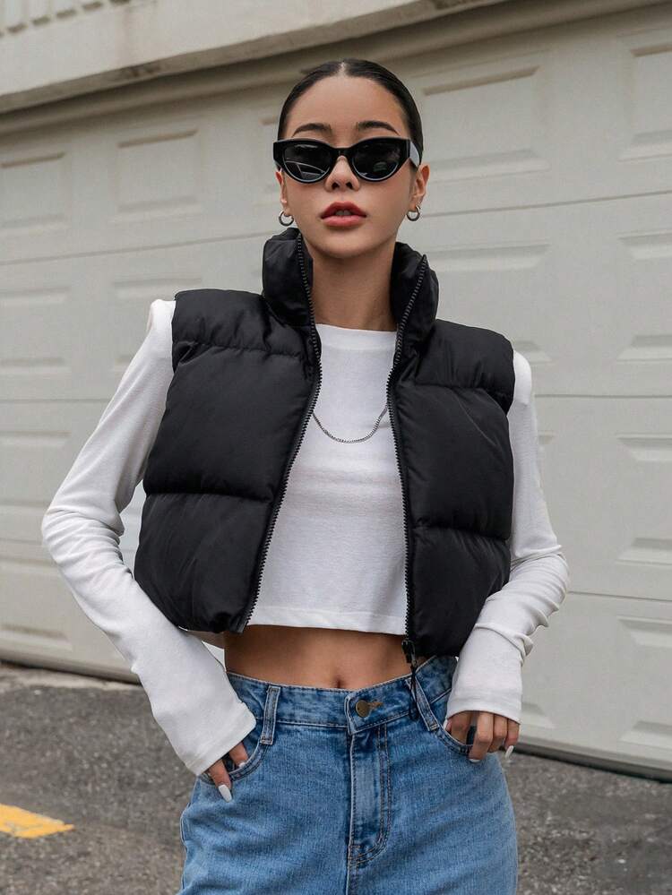 Zip Up Crop Vest Puffer  Thick Coat