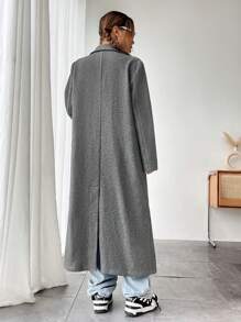SHEIN Unity Cổ áo không bâu Nút đôi Kiểu Dài Áo khoác - Màu xám đen - Xem 2