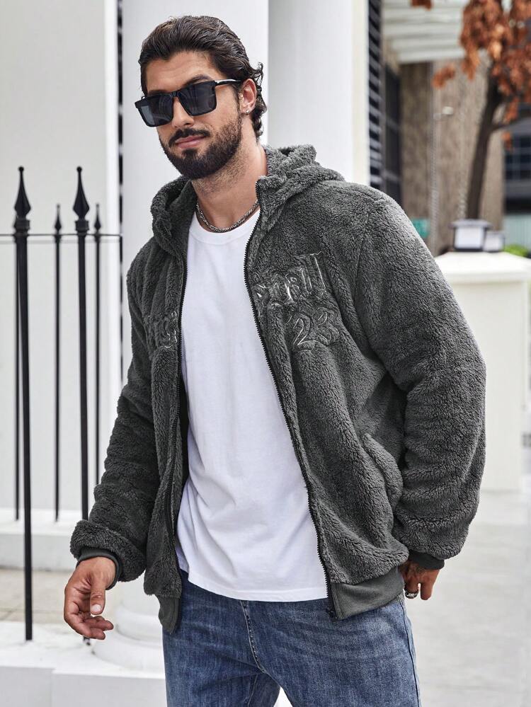 Men Plus Letter Embroidery Hooded Teddy Jacket