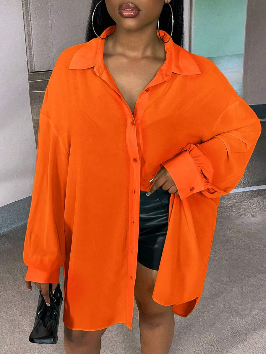 Slaydiva Plus Solid Drop Shoulder Button Front Shirt - Orange - View 1