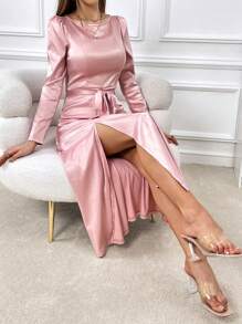 SHEIN Privé Puff Sleeve Split Thigh Belted Satin Dress