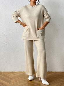 Drop Shoulder Pocket Patched Hooded Sweater & Knit Pants