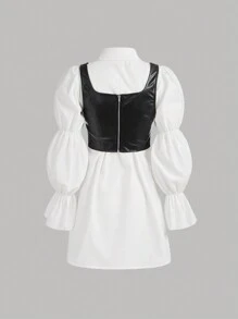 青少年女孩荷葉袖洋裝&PU皮革背心上衣