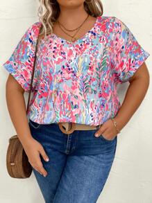 SHEIN LUNE Plus Allover Print Batwing Sleeve Tee - Multicolor - View 4
