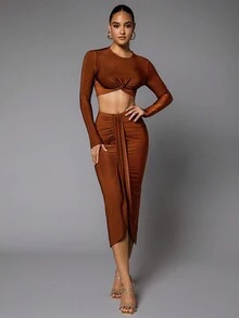 SHEIN BAE Top crop unicolor & Falda fruncido bajo asimétrico - Café integral - Ver 3