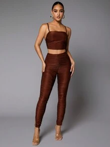 SHEIN BAE Solid Cami Top & Ruched Leggings - Brown - View 3