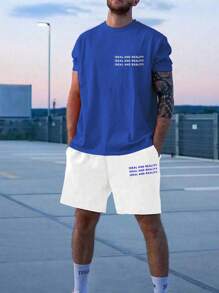 Manfinity Homme Hombres talla grande Shorts con camiseta con estampado de slogan - Azul y blanco - Ver 1
