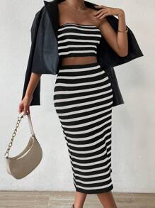 SHEIN Essnce con patrón de rayas tubo Top de punto & Falda de punto - Blanco y Negro - Ver 6