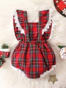 SHEIN Baby Girl Tartan Print Ruffle Trim Bow Front Bodysuit for Christmas - Multicolor - View 2