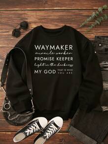 SHEIN EZwear Plus Slogan Graphic Thermal Lined Sweatshirt - Black - View 1