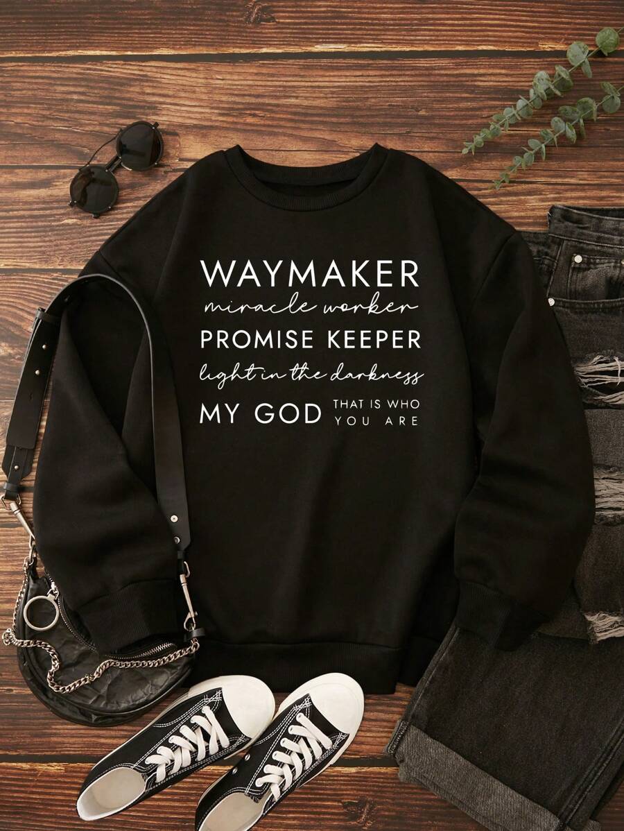 SHEIN EZwear Plus Slogan Graphic Thermal Lined Sweatshirt - Black - View 1