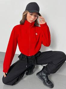SHEIN Unity 字母補丁細節拉鏈開襟落肩袖夾克 - 紅色 - 查看 3