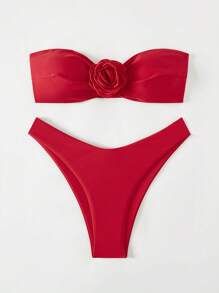 SHEIN Swim Bộ bikini băng đô 3d màu hồng trên bãi biển mùa hè - Đỏ - Xem 3