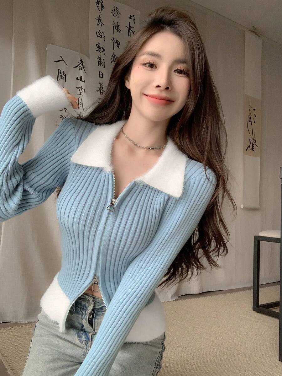 DAZY 对比色毛绒边拉链开衫、长袖上衣 - 藍色 - 查看 1