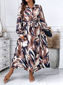 Breezaya Plus Allover Print Lantern Sleeve Belted Shirt Dress - Multicolor - View 1