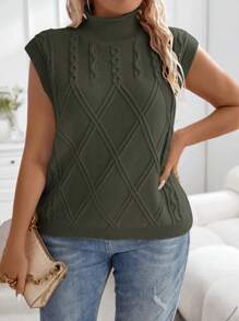 SHEIN Unity Plus Cable Knit Mock Neck Sweater Vest - Army Green - View 1