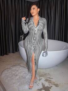 SHEIN SXY Striped Print Button Front Bodycon Dress - Black and White - View 5