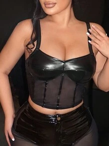 SHEIN SXY 網紗拼接緊身吊帶 - 黑色 - 查看 1